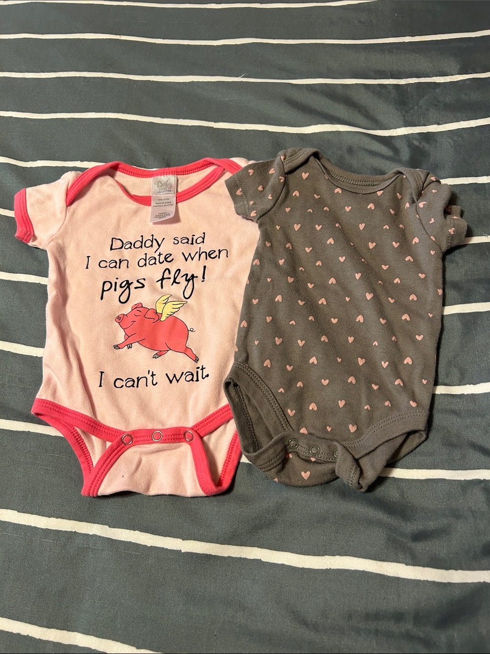 Pink and Gray Baby One-Piece Bodysuit Set with Playful Pig Graphic
